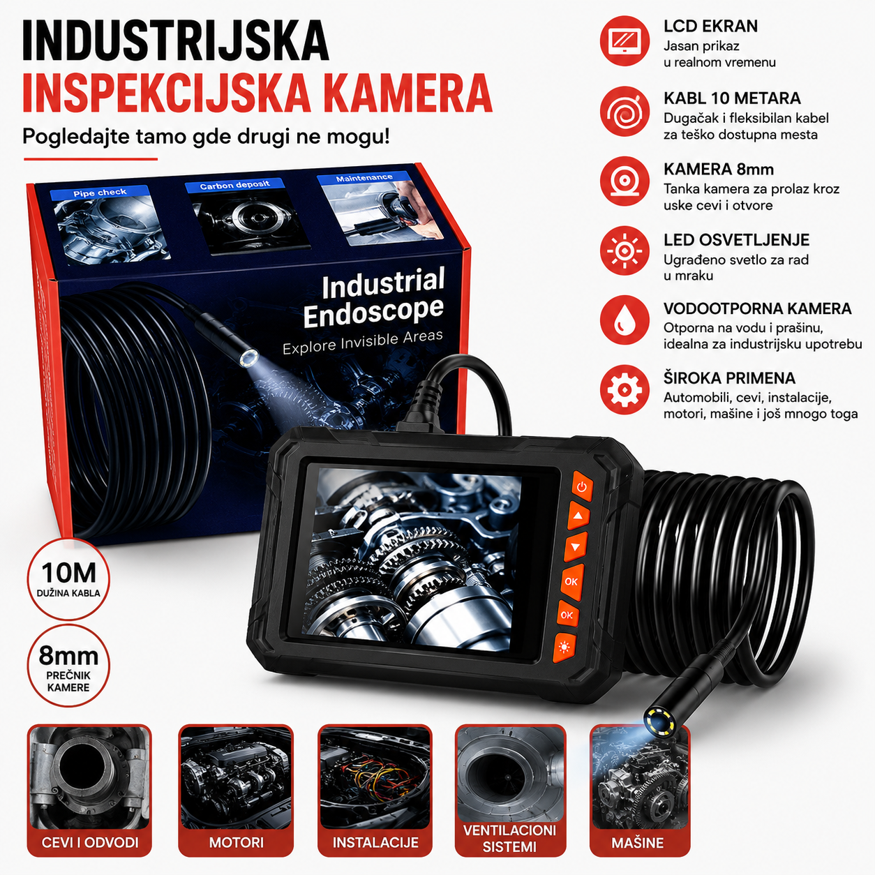 Industrijska Inspekcijska Kamera sa LCD Ekranom – 10 m