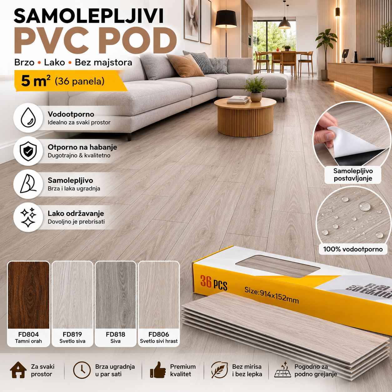 Samolepljivi PVC pod – 5 m² (36 panela)