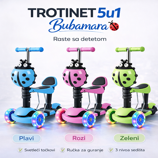Dečiji trotinet 5-u-1 Bubamara sa sedištem i LED točkovima