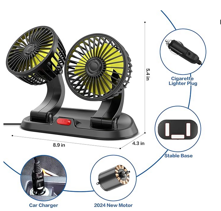 Auto Ventilator sa Dva Nosača – 12V, Podesiv i Rotirajući