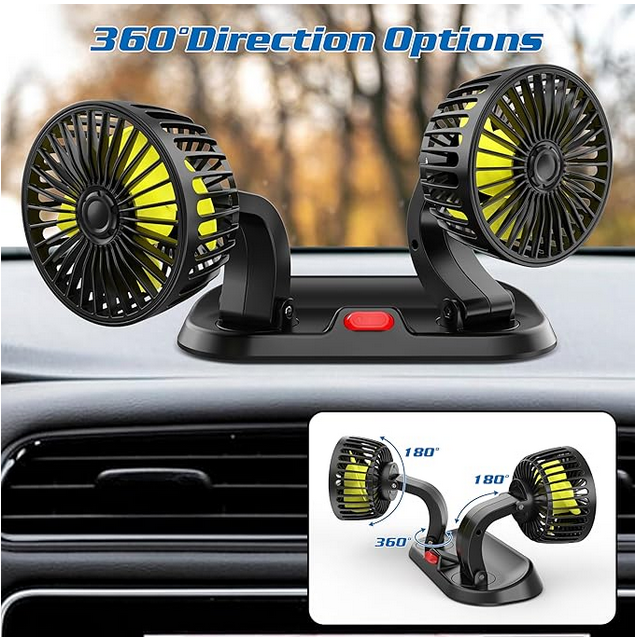 Auto Ventilator sa Dva Nosača – 12V, Podesiv i Rotirajući